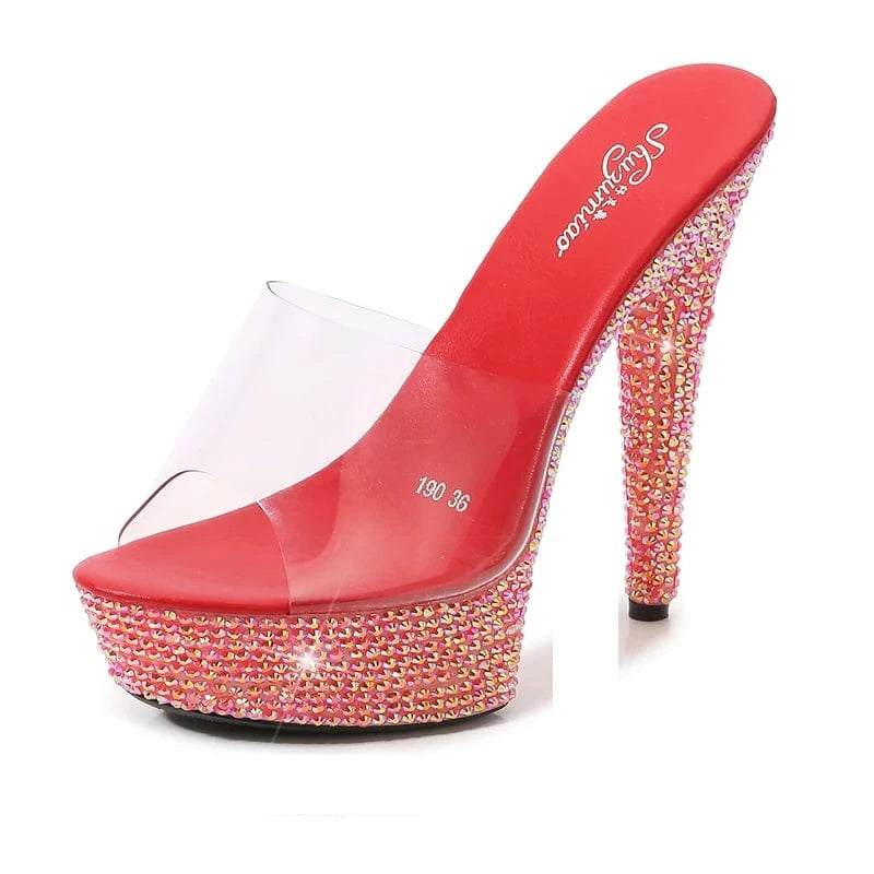 35 / Red Summer Luxury Heeled Sandals Ladies Shoe 13 CM Strippers High Heels Diamond Platform Slippers for Women