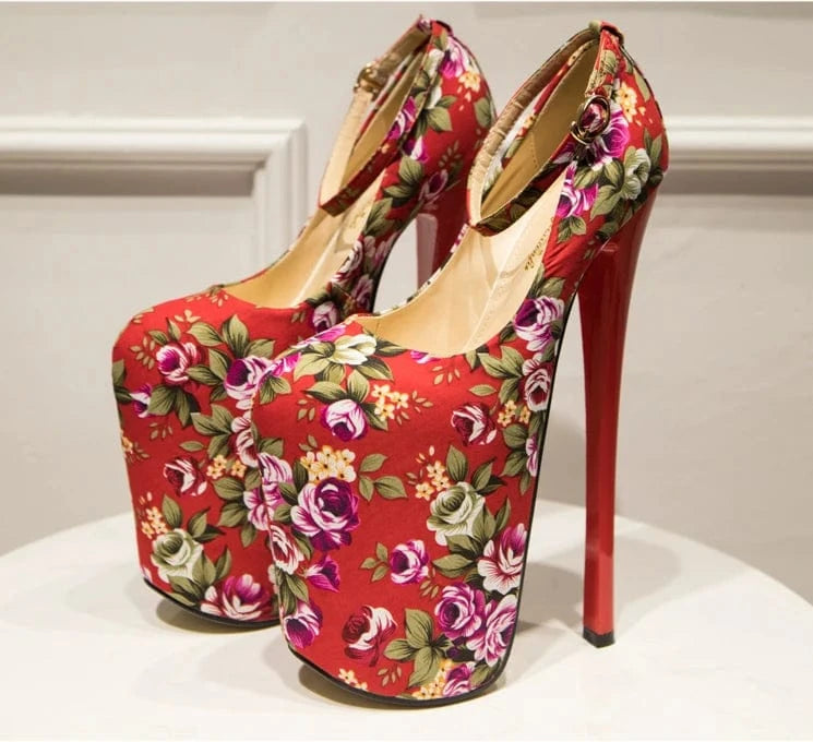 35 / Red Trendy Flower 22 CM Heels Ankle Strap Platform Shoes Women Heels Sexy Peep-toe Sandals Stiletto Pumps