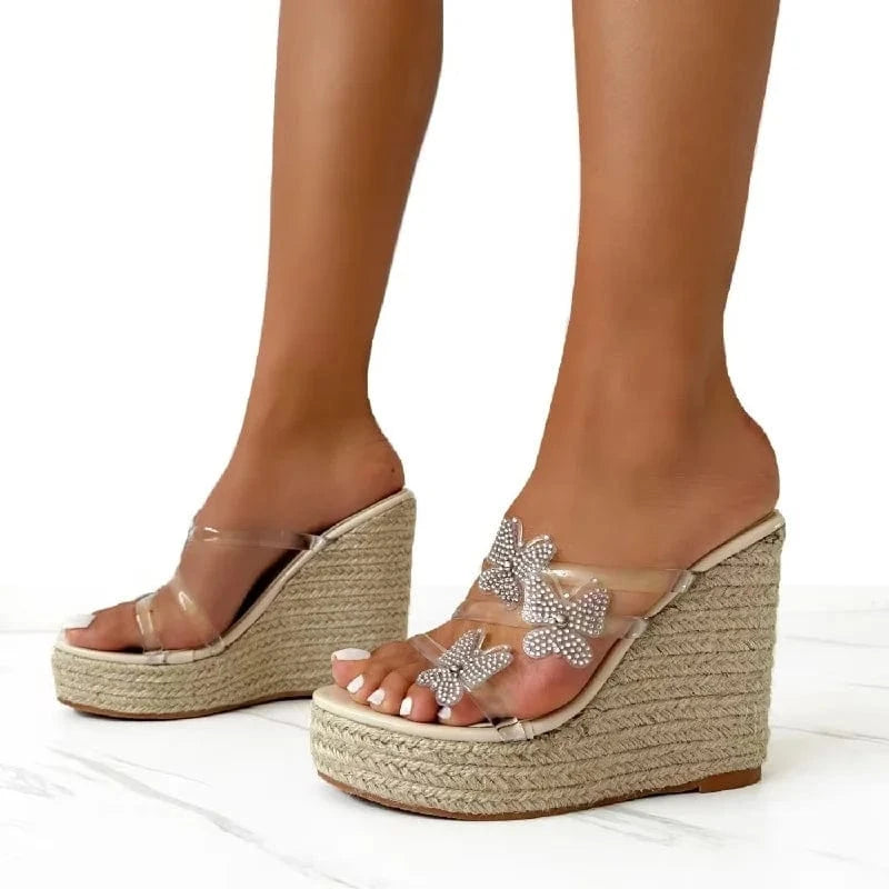 35 / Rice white Aneikeh Punk Shallow Narrow Band Round Toe Wedges Sandals Party Ball  Transparent PVC Braid Crystal Bow High Heels 2024 Women's