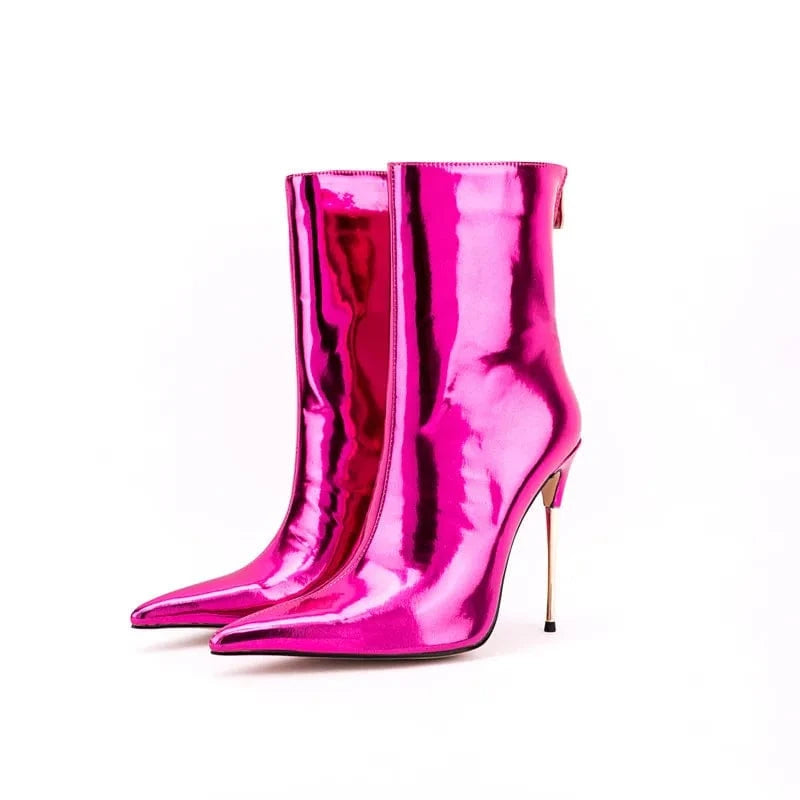 35 / Rose Bota Feminina 2022 Ladies Fashion Metallic Casual Shoes Women Mirror Leather Pointy Toe Stiletto Heels Short Boots Ankle Booties