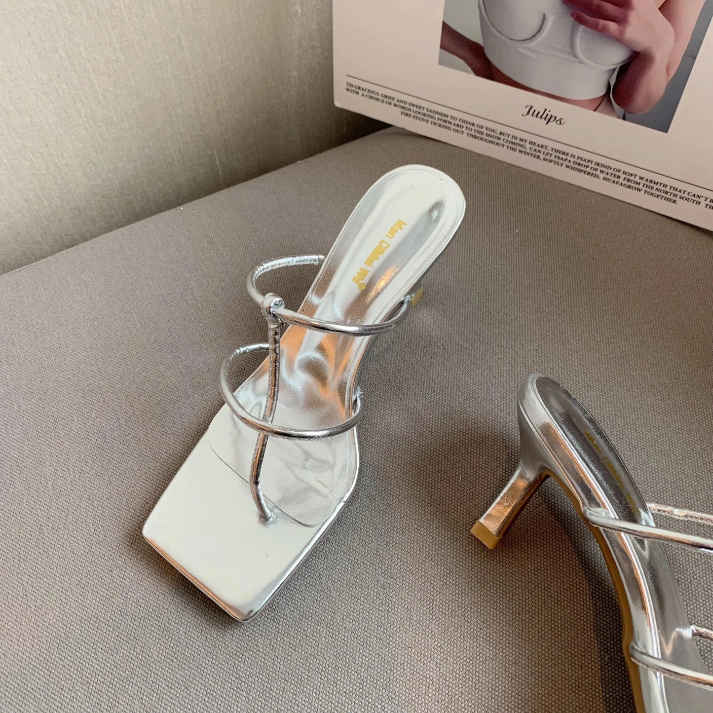 35 / silver 2022 Summer New Fashion Pinch Narrow Band Women Gladiator Sandal Shoes Ladies Square Open Toe Ankle Buckle Strap Stiletto Heels