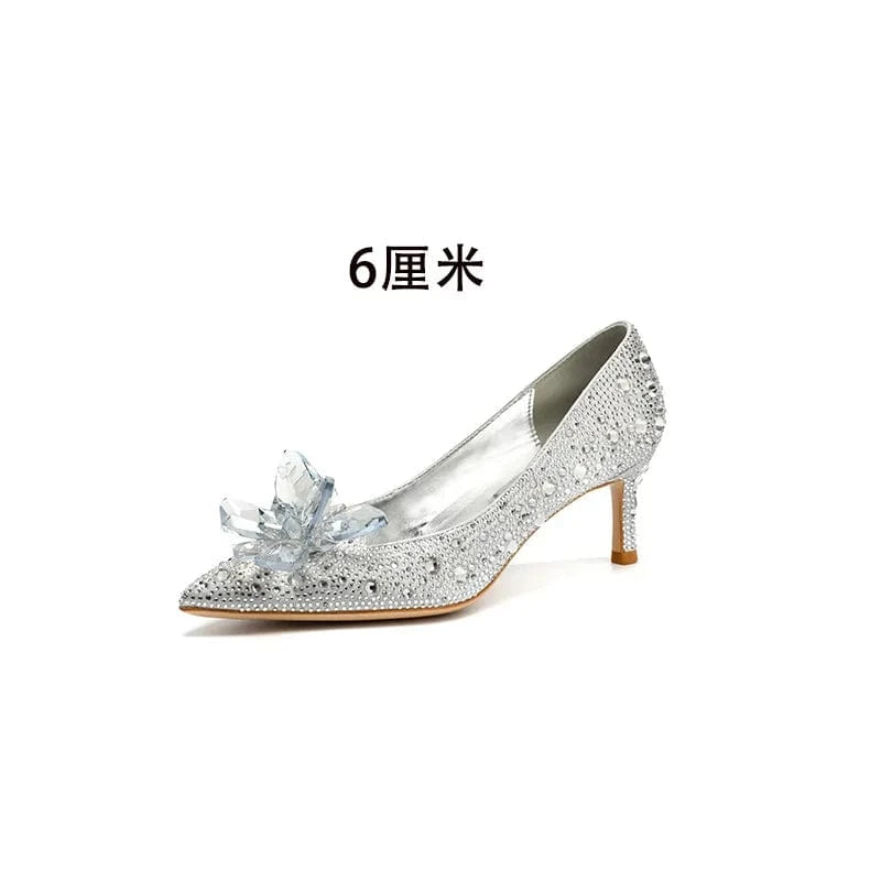 35 / Silver 6cm` Luxury Diamond High Heel Stilettos for Ladies Wedding Bridal Dress Crystal Heel Pumps