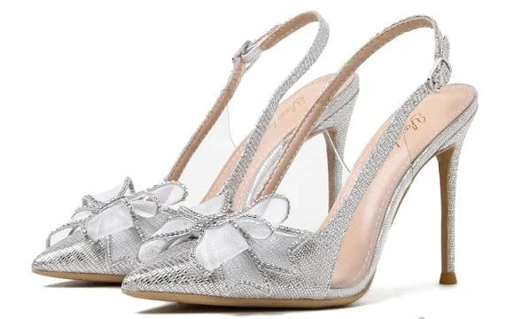 35 / silver 6cm PDEP New stiletto point toe elegant bridal  wedding shoes sling back rhinestone bow sexy ladies high heels shoes 2023