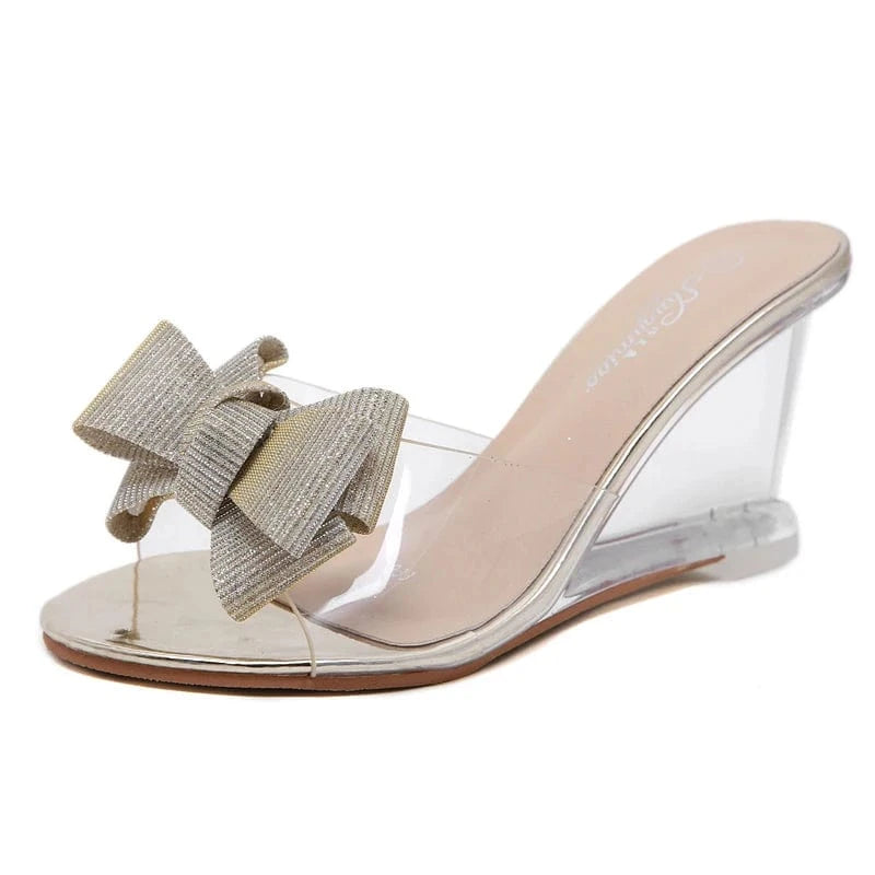 35 / Silver CY-18457 Summer Clear Jelly Shoes Ladies Custom Logo 8 CM High Heels Wedge Shoes Sandals Sexy Slipper for Women