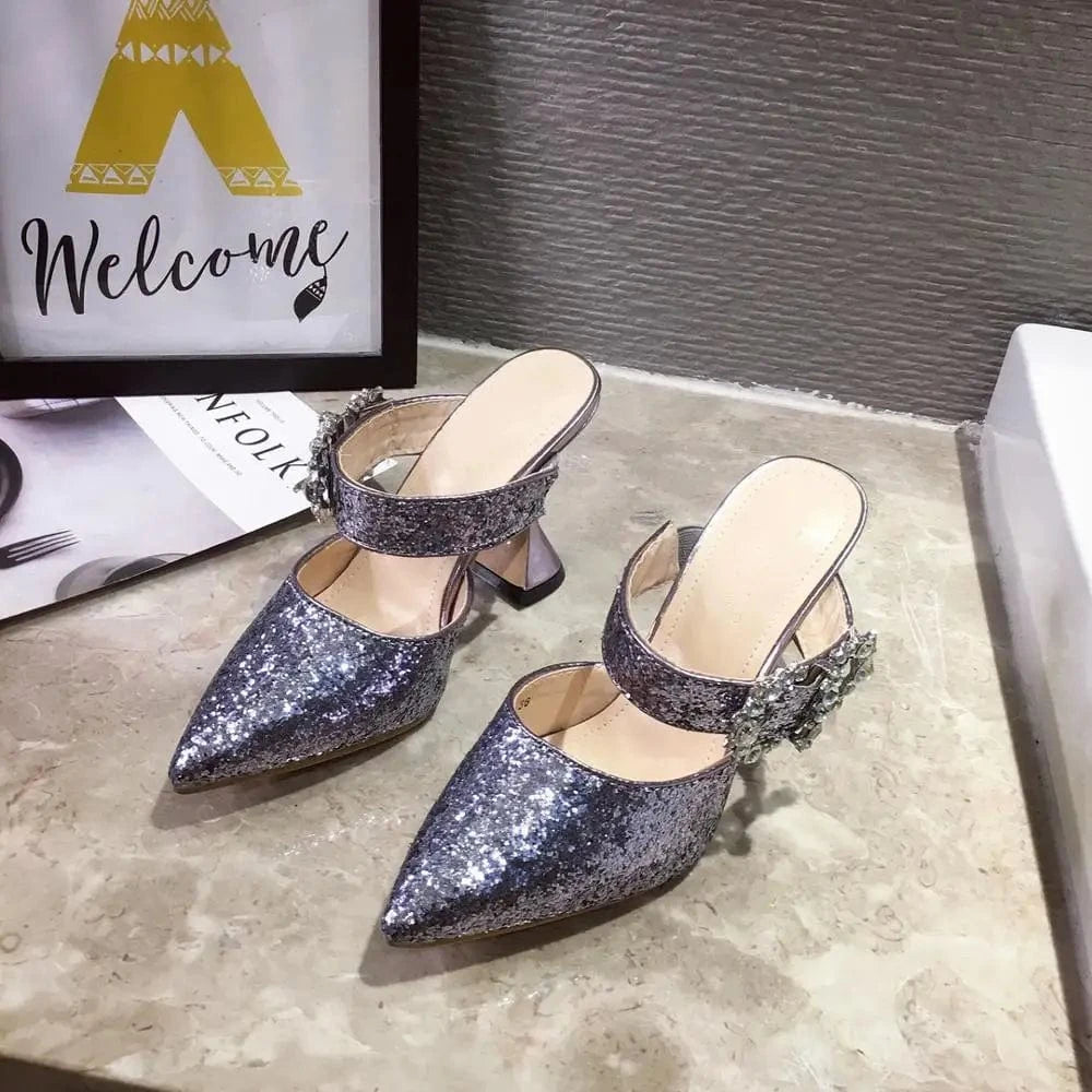 35 / silver Factory supplier cheap women diamond buckled slippers mules pointed  Toe sexy Ladies shoes high heel sandals