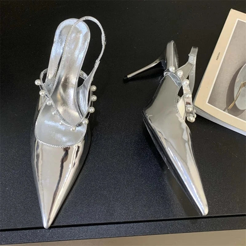 35 / silver Fashion Black Mary Jane Elegant String Bead Concise Women Shallow Pointed Toe Hollow Slip-On Sandals Pumps NEW Summer Lady Shoes