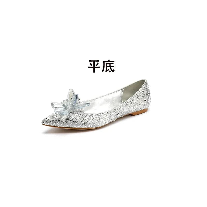 35 / Silver flats` Luxury Diamond High Heel Stilettos for Ladies Wedding Bridal Dress Crystal Heel Pumps