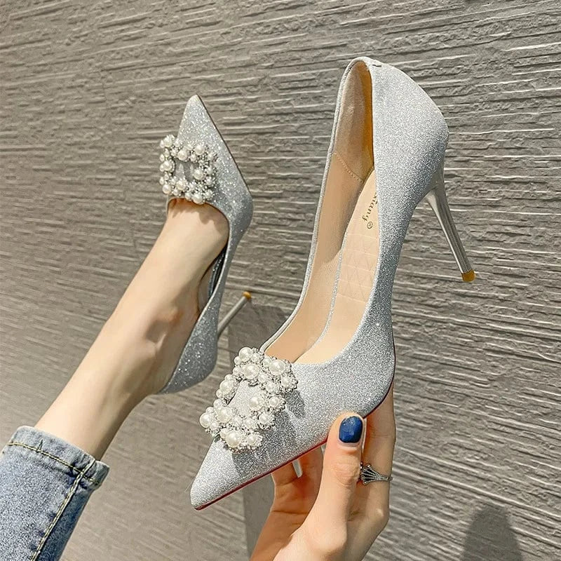 35 / silver New Arrival Women Pumps Fashion Point Toe Pearls Buckle Stiletto Wedding High Heel Pumps for Ladies