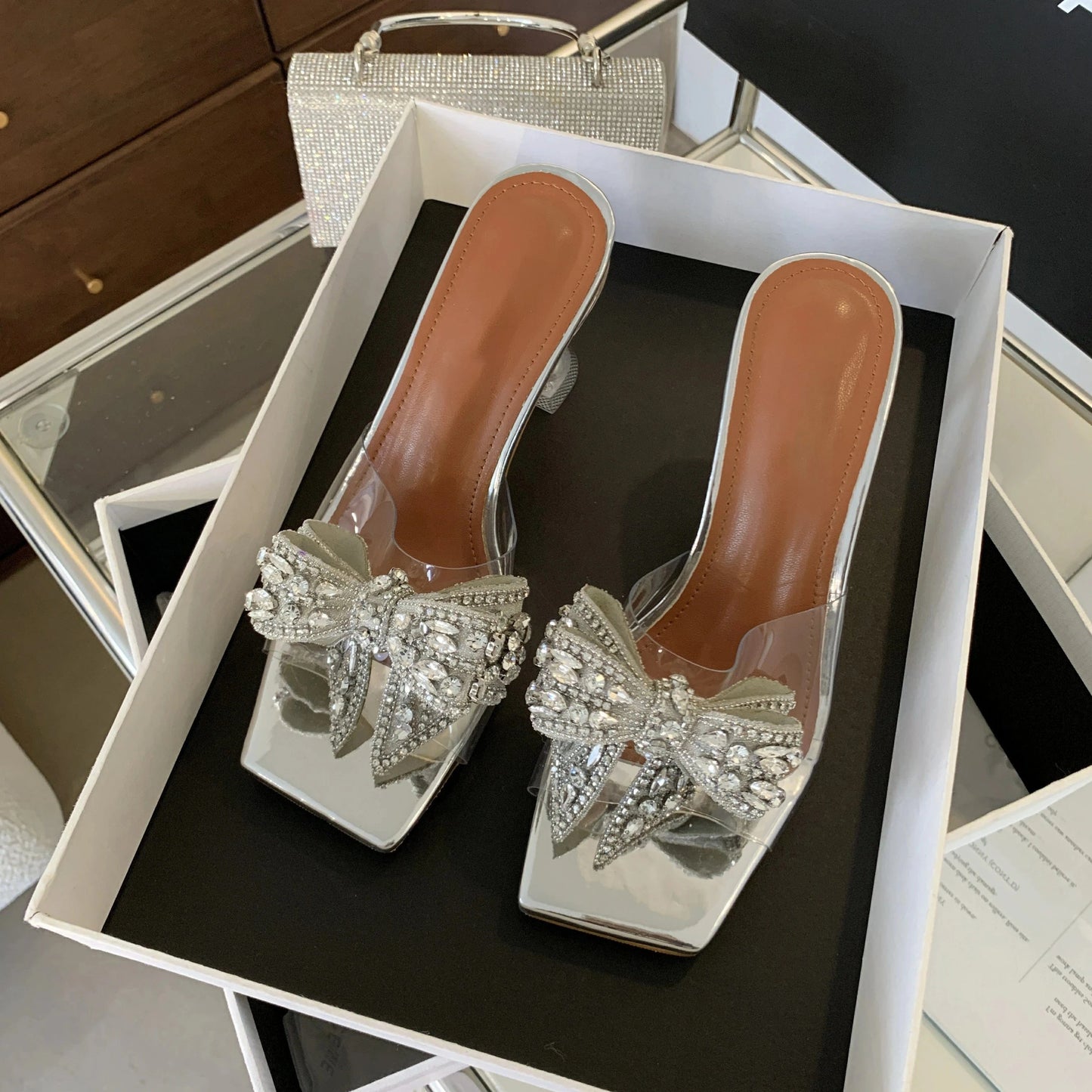 35 / silver Silver high-heeled shoes new crystal heel transparent heel rhinestone bow sandals women's shoes