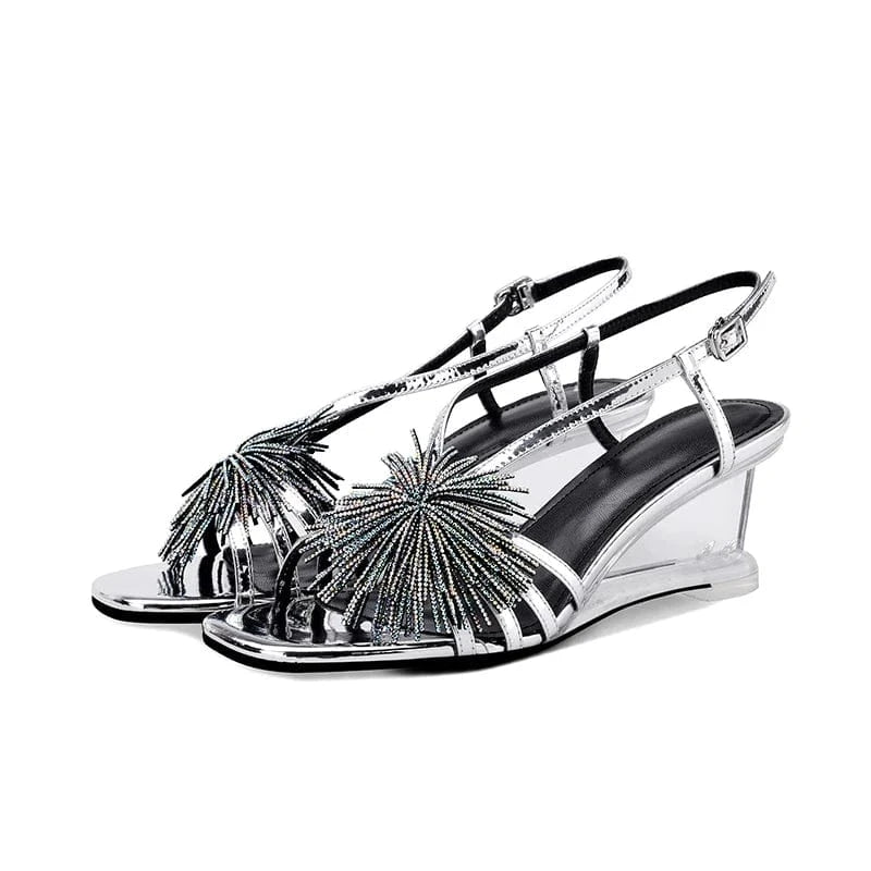 35 / silver Ubililia PVC clear wedge heels rhinestone tassels Sexy ladies summer sandals Koran ankle strap Party Heels Sandals for Woman