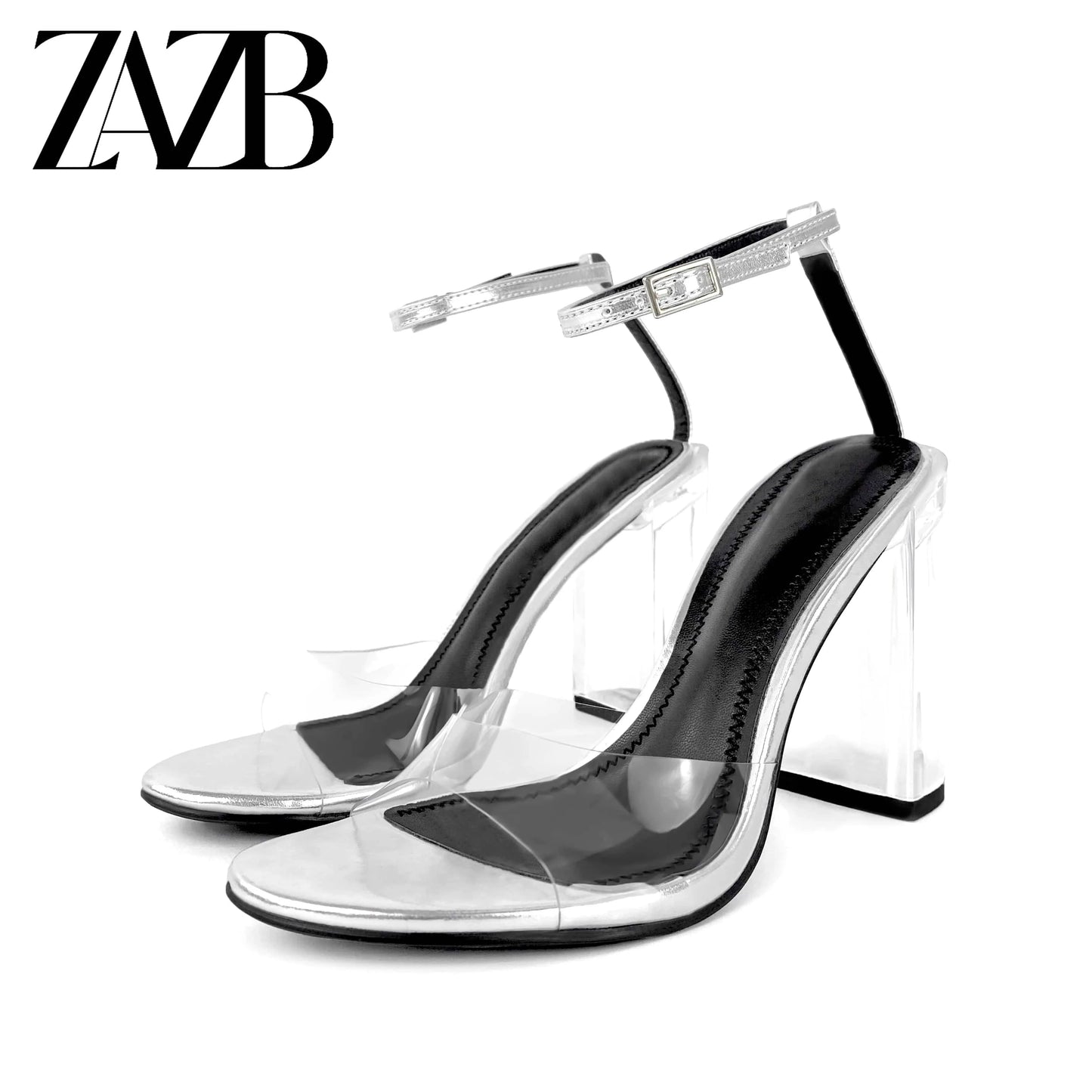 35 / silver ZAZB Brand Women's Customized Leather High Heels Transparent Heel Sandals Slim Fit Wedding Bride Elegant Woman