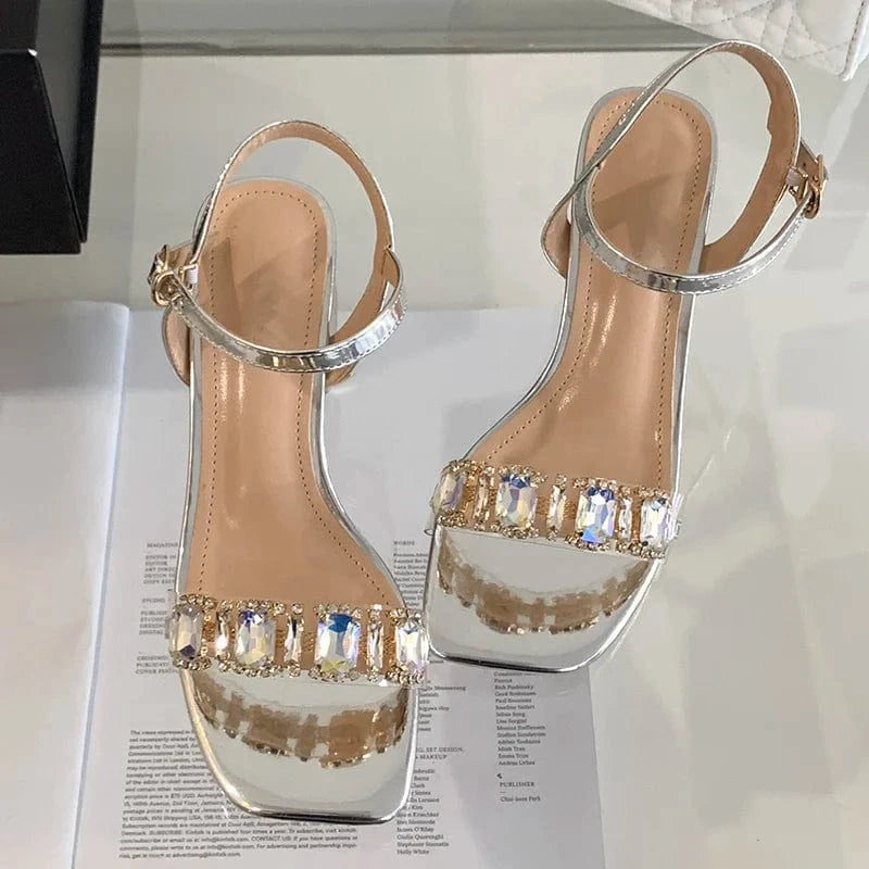 35 / Silvery Aneikeh Women Patent Leather Buckle Lace Up Sandals Wedding Dress Summer Shiny Crystal Rhinestone Open Toe Thick Heels NEW 2023