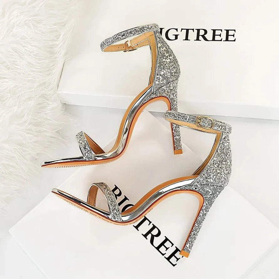 35 / sirlver heeled sandals formal shoes Elegant Black Sirvler Women Summer Shoes High Heel Sandals Mule heels for Ladies Party Shoes