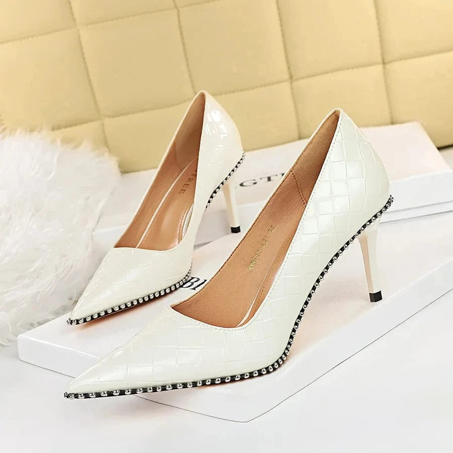 35 / White 1 Shoes Rivet Women Pumps New High Heels Stiletto Pu Leather Office Lady Heels Sexy Party Shoes Female Heel Plus Size 43