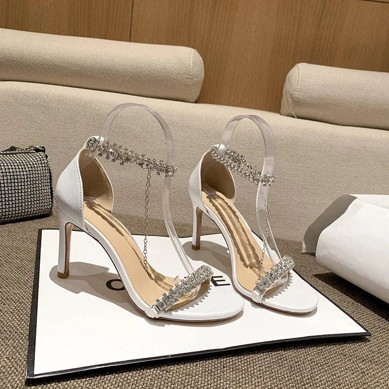 35 / White(8cm)` New Summer Female High Heels Stilettos Women Rhinestone Chain Peep-toe Sandals Sexy Party Banquet Ladies Dress Shoes