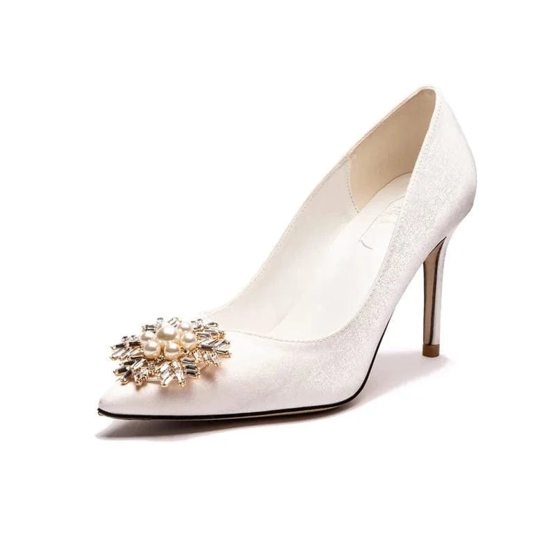 35 / White(9cm)` Female New Point toe Shallow High Heels Blossom Pearls Pumps Shoes for Women Wedding Dress Mujer Heeled Sandals