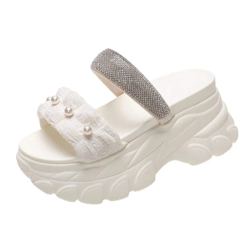 35 / White Dropshipping Custom Logo Pearl Design Women's Wedges Sandals Casual Comfortable Chunky Platform Slides Slippers