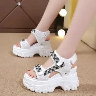 35 / White Dropshipping Custom Logo Summer Women's Fashion Strappy Platform Chunky Wedge Heel Sandals Womens Rhinestone Sandals