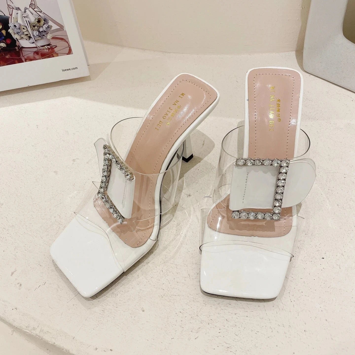 35 / White French design stiletto sandals women's 2023 summer new rhinestone square buckle outer wear transparent flip-flops high heels