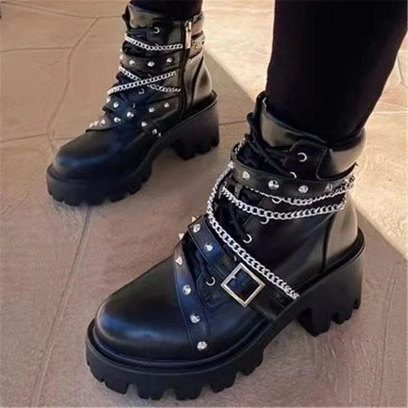 35 / White Gothic Belt Buckle Rivet Punk Style Chunky Shoes Designer Platform Leopard Print Sexy High Heels Plus Size Women's Shoes 35-43