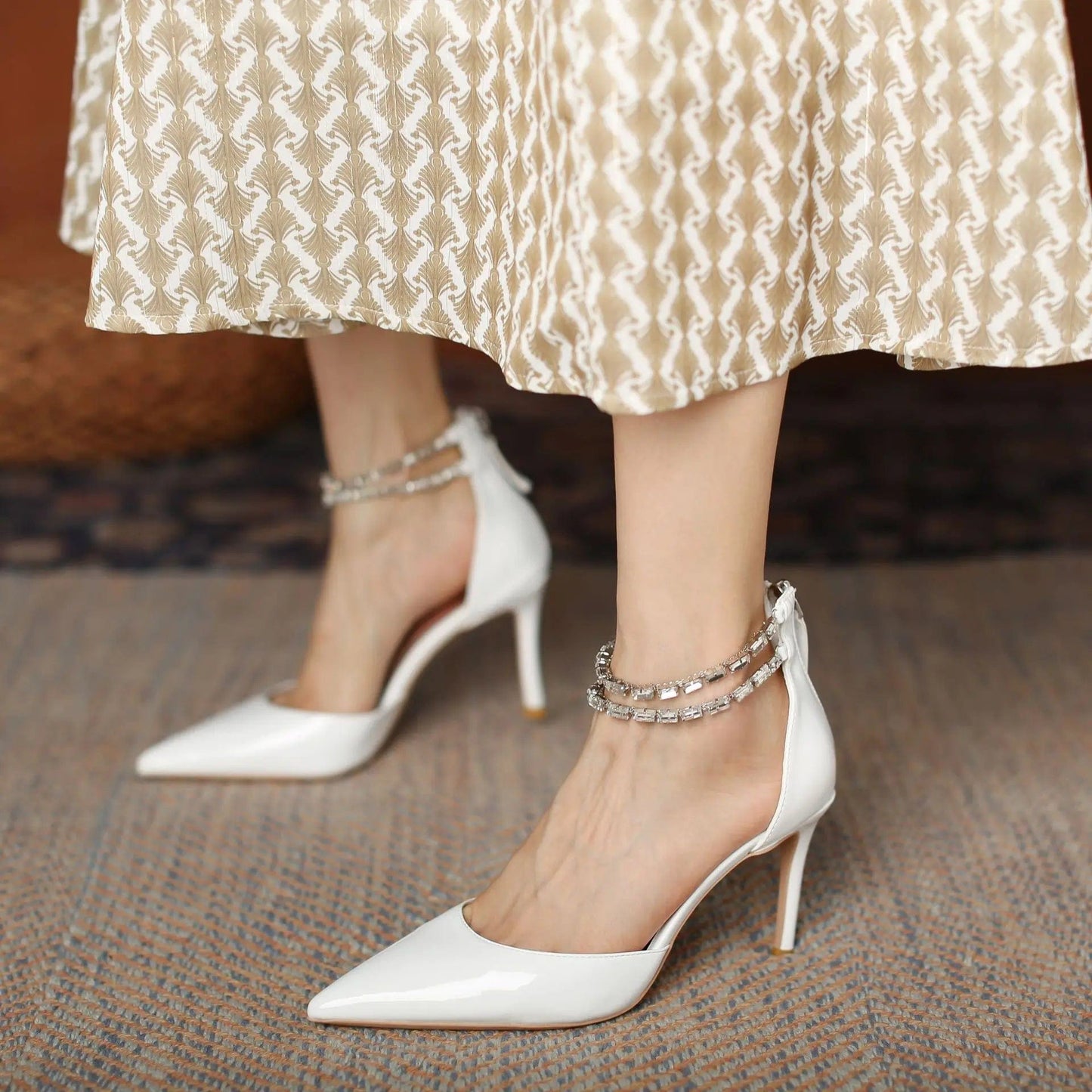 35 / White New Spring Summer Female High Heel Pumps Women Rhinestone T-strap Pointed-toe Sandals Banquet Office Ladies Dress Shoes