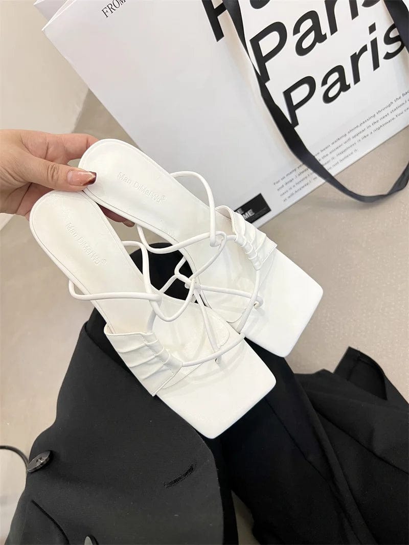 35 / White New Summer Gold Slippers Women High Heels Slide Female Clip Toe Sandal Party Dress Shoes Vacation Flip Flops Sandalia Mujer