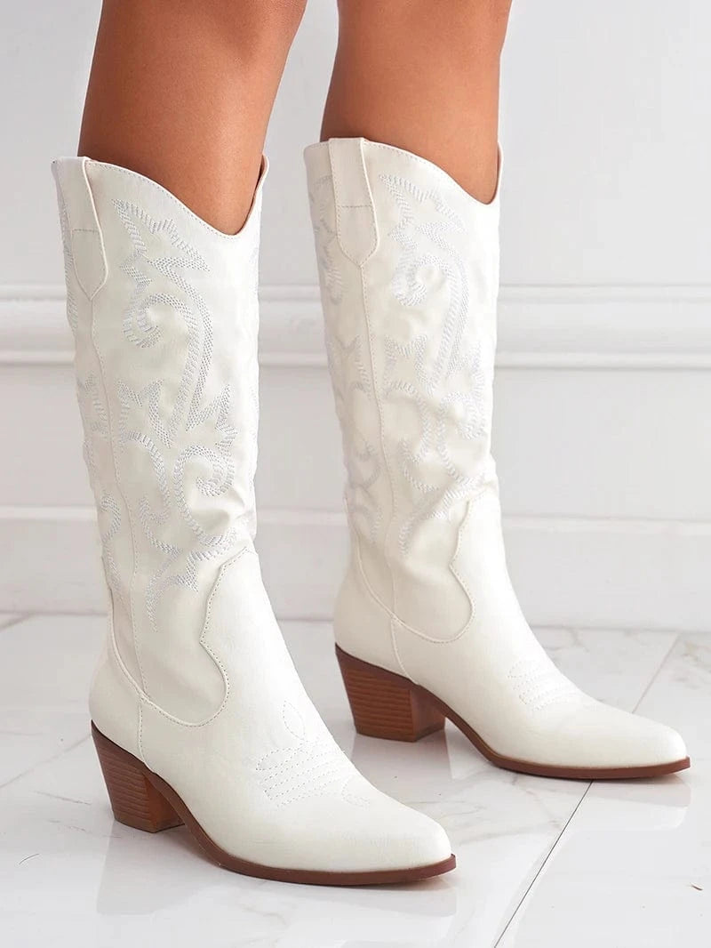 35 / White New thick heel wild western cowboy boots embroidered sleeve knight boots retro medium tube large size riding boots