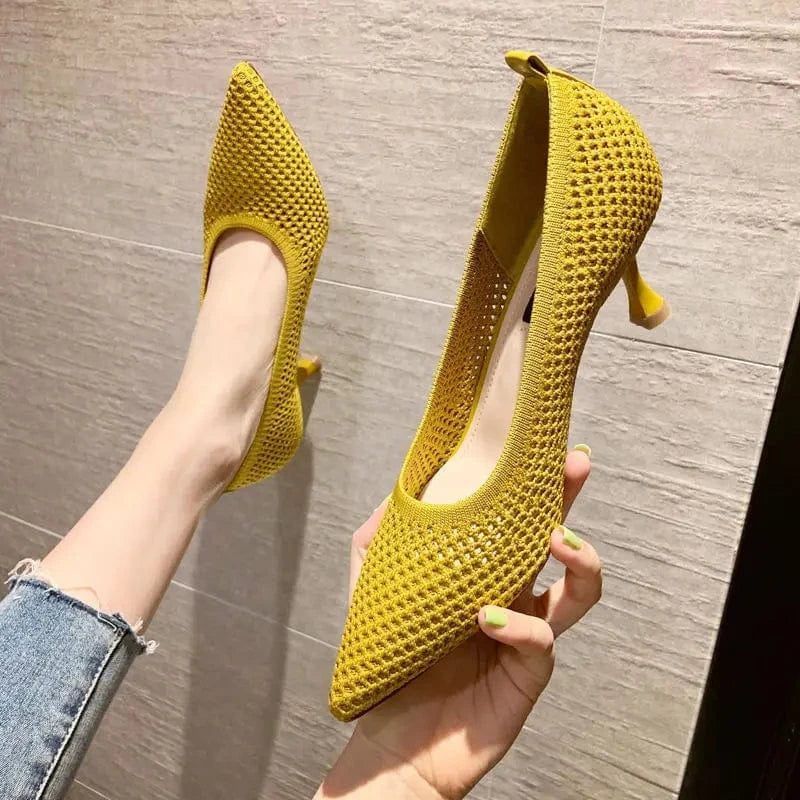 35 / Yellow 5cm heels 50%OFF Women Pumps Summer Comfortable Triangle Heeled Party Shoes Stiletto Sexy Single Shoes Flying Woven Mesh Breathable Women