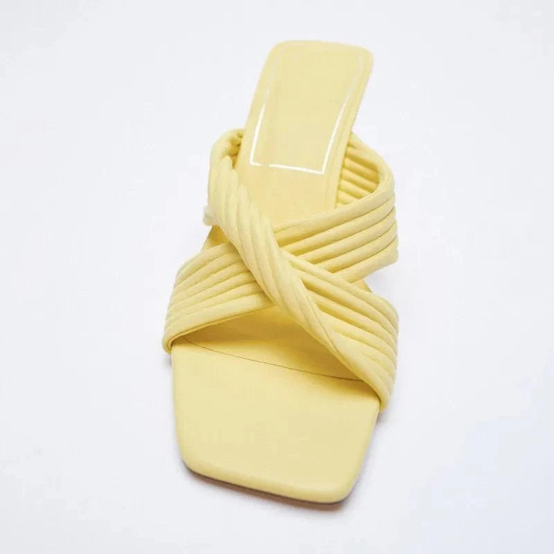 35 / Yellow 5cm Women Wrapped Strappy Casual Square Peep Toe High Heels Sandals Ladies Casual Dress Shoes