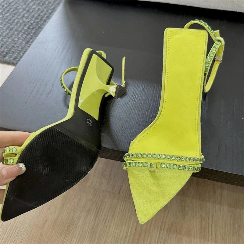 35 / Yellow Aneikeh Solid Sewing Pointed Open Toe High Heels Party Buckle Strap Sandals High-heeled Crystal Bling T-Tied Women Shoes 2024