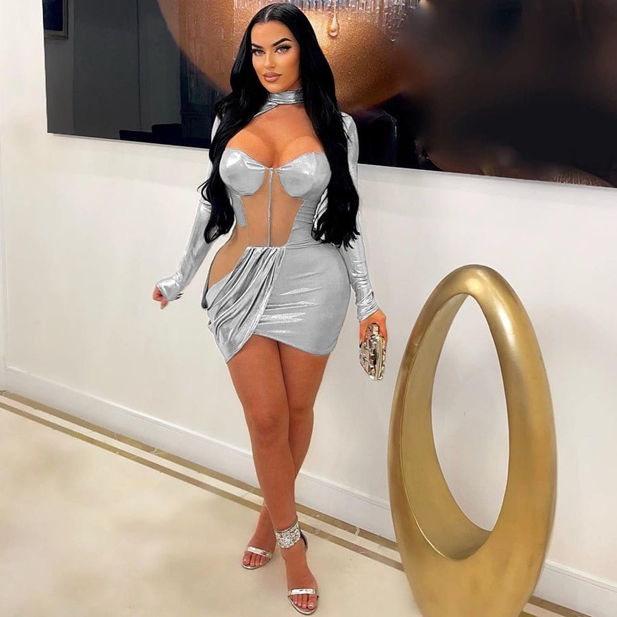 35991 Fashion Shiny Dresses Street Wear Mesh Patchwork Women Casual