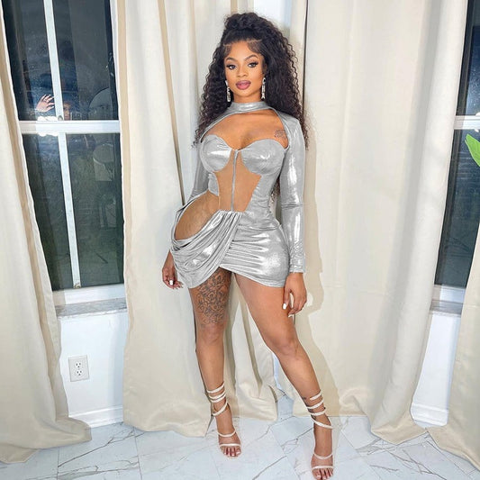 35991 Fashion Shiny Dresses Street Wear Mesh Patchwork Women Casual