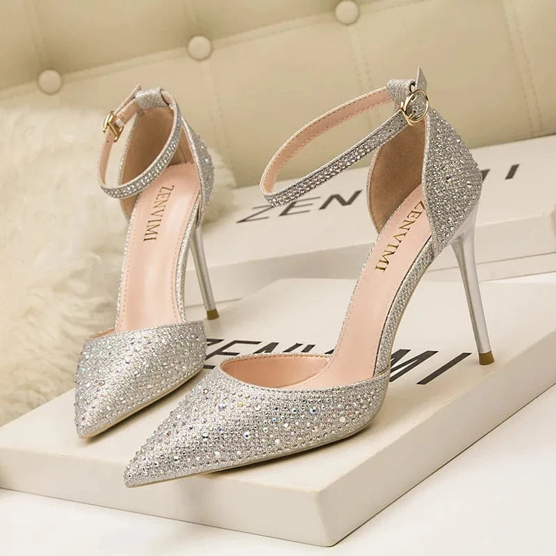 36 / 3 Women's High Heels New Stiletto High Heel Shallow Mouth Pointed Hollow Word Office Shiny Rhinestones Female Wedding Sandals