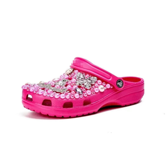 36-46 SIize New Sandals Rose Red Pearl Rhinestone Flower Summer Women's Slippers Home Fashion Beach Women's Hole Shoes