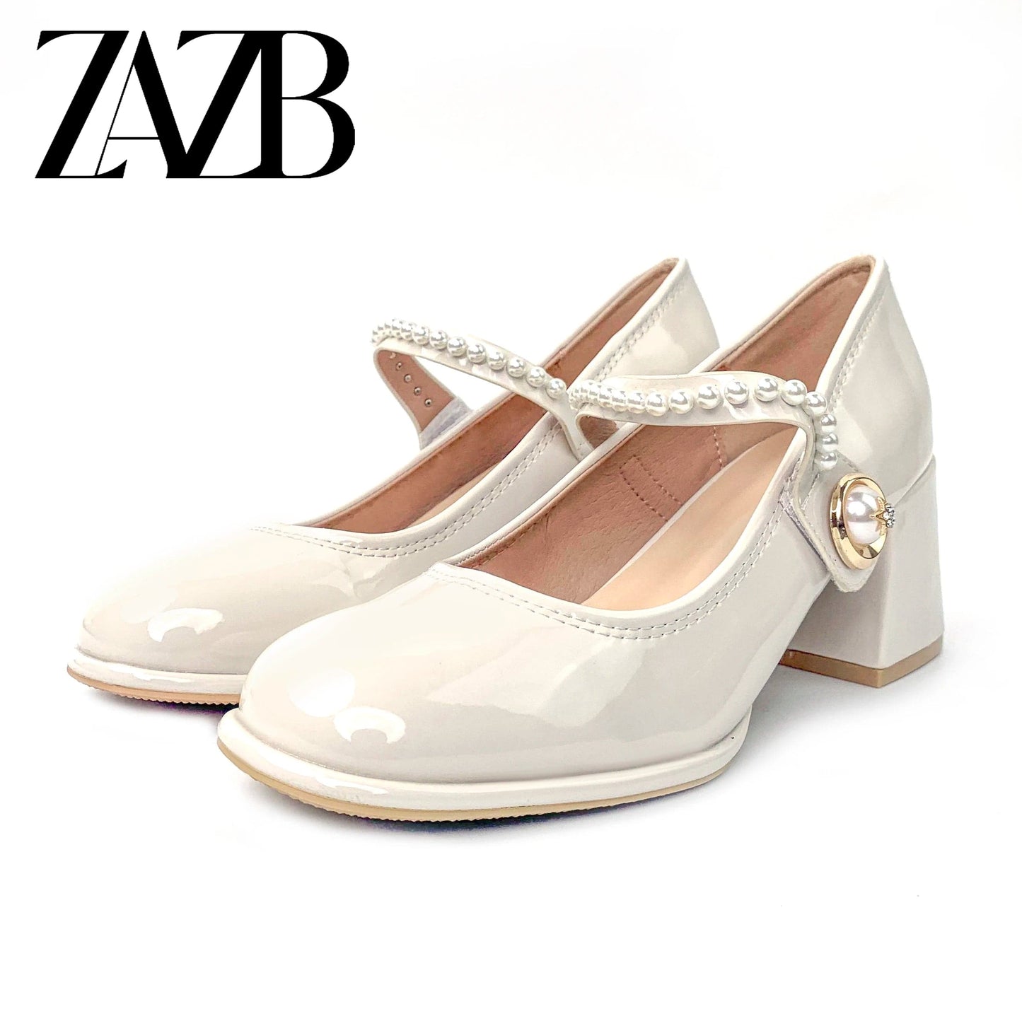 36 / Beige New Round head dress formal Women's Thick heel shoes Mary Jane ladies loafers British style Thick bottom leather shoes