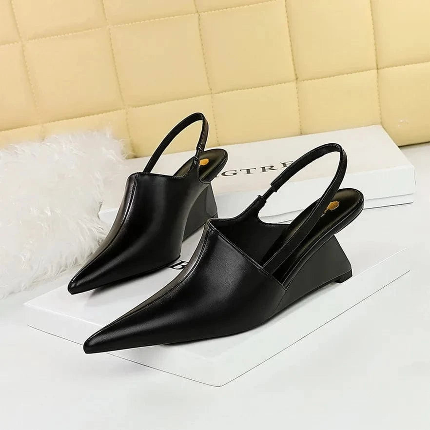 36 / Black 35-40 Retro Fashion High Heel Women's Shoes Slope heel deep cut toe shoes Hollow back strap sandals pumps office lady pumps