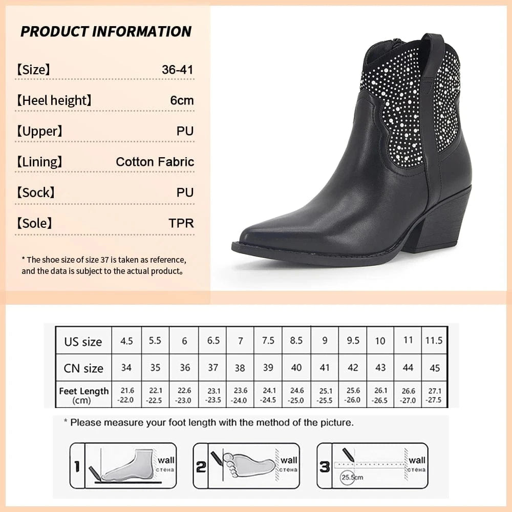 36 / Black Brand Fashion Women Ankle Boots Newest Western Cowboy Boots Rhinestone Luxury Cowgirl Shoes High Heels Short Boots