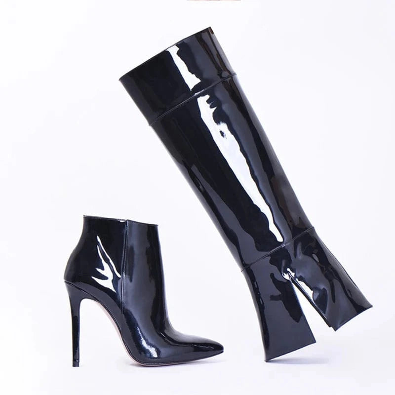 36 / Black Bright Patent Stiletto Style High Slim Heels Shoes Women Pointed Toe 2 Wear ways Booty Removable Upper Knee High Boots