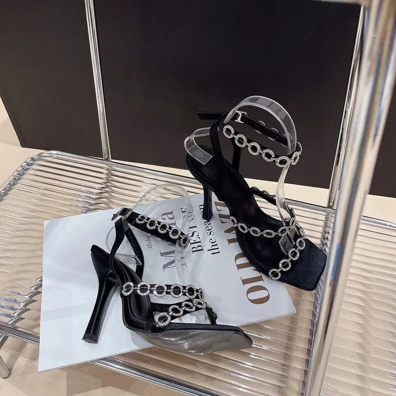 36 / Black DEleventh Shoes womens sandals custom logo new fashion classics style rhinestone chain high heels pumps shoes