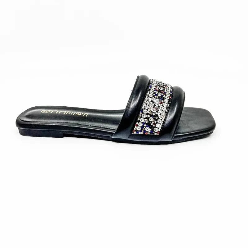 36 / Black Dropshipping Custom Logo Soft Flat Slippers Women Outdoor Fashion Design Rhinestone Beach Slides Slippers