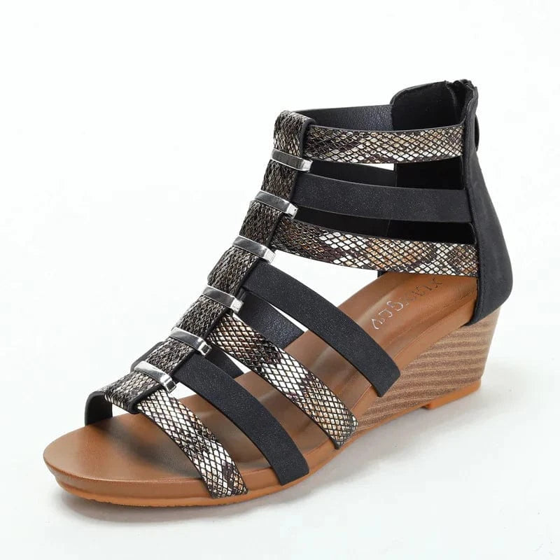 36 / Black Dropshipping Custom Logo Women's Summer Roman Sandals Wedge Heel Breathable High-Top Zipper Design High Platform Shoes