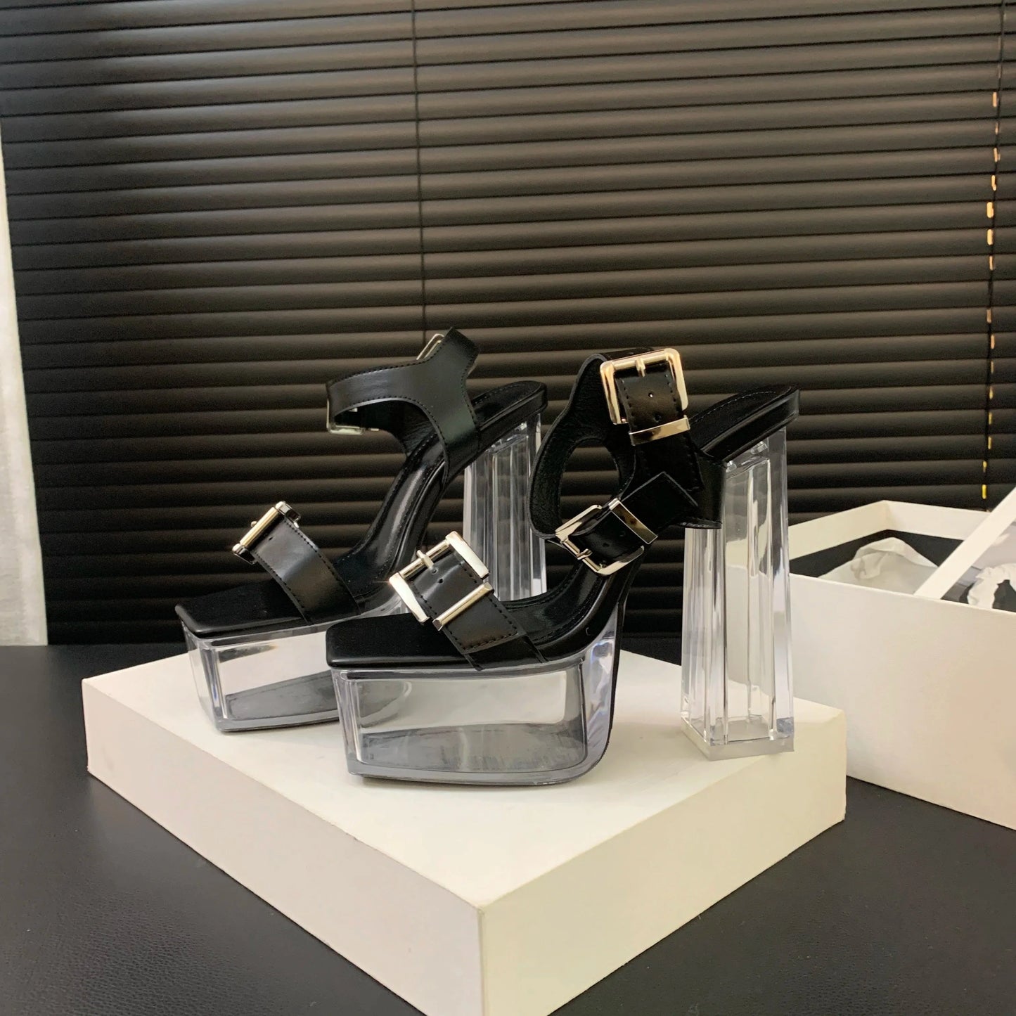 36 / Black Early spring 2024 New crystal heel waterproof platform thick high heel women's sandals 35-42