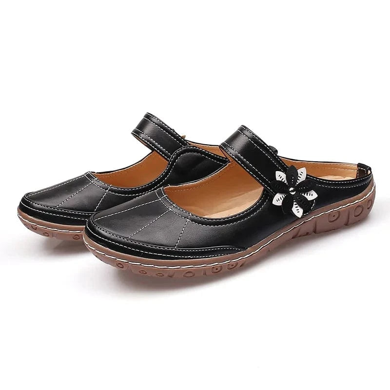 36 / Black Flat Sandals For Women Retro Floral Decor Round-toe Shoes Wrap-toe Soft Bottom Roman Flat Sandals Ladies Casual Driving Slippers