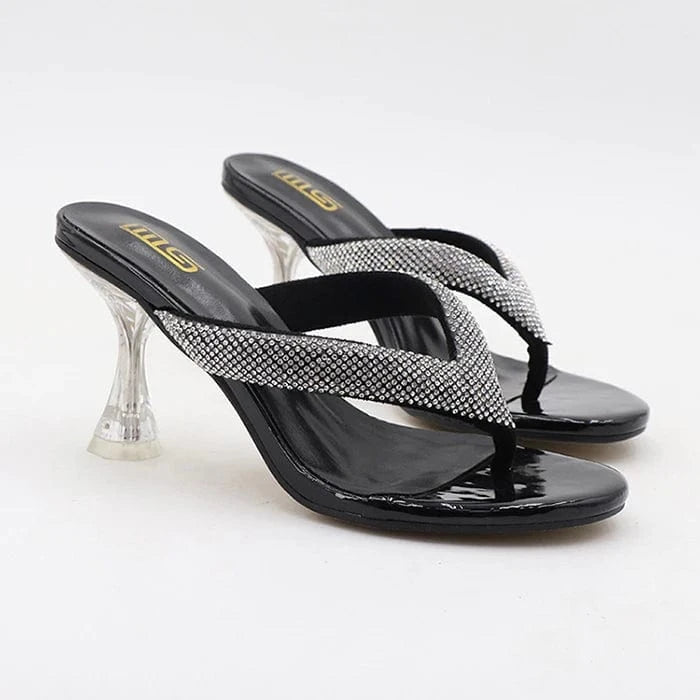 36 / Black Latest Big Size 42 Party Women Shoes Crystal Heels Solid Color Slippers Outdoor Sandals Diamond Female Flip-Flops Heeled Sandals