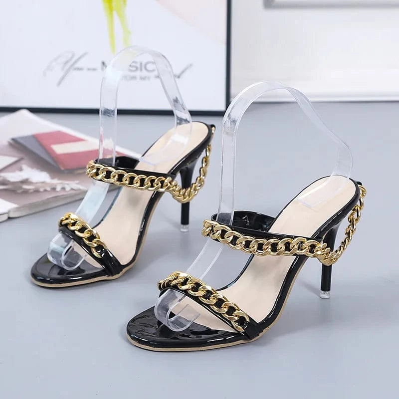 36 / Black New Fashion Large Size Red Party Stilettos Women Open Toe Metal Chain Sexy Heels Sandals
