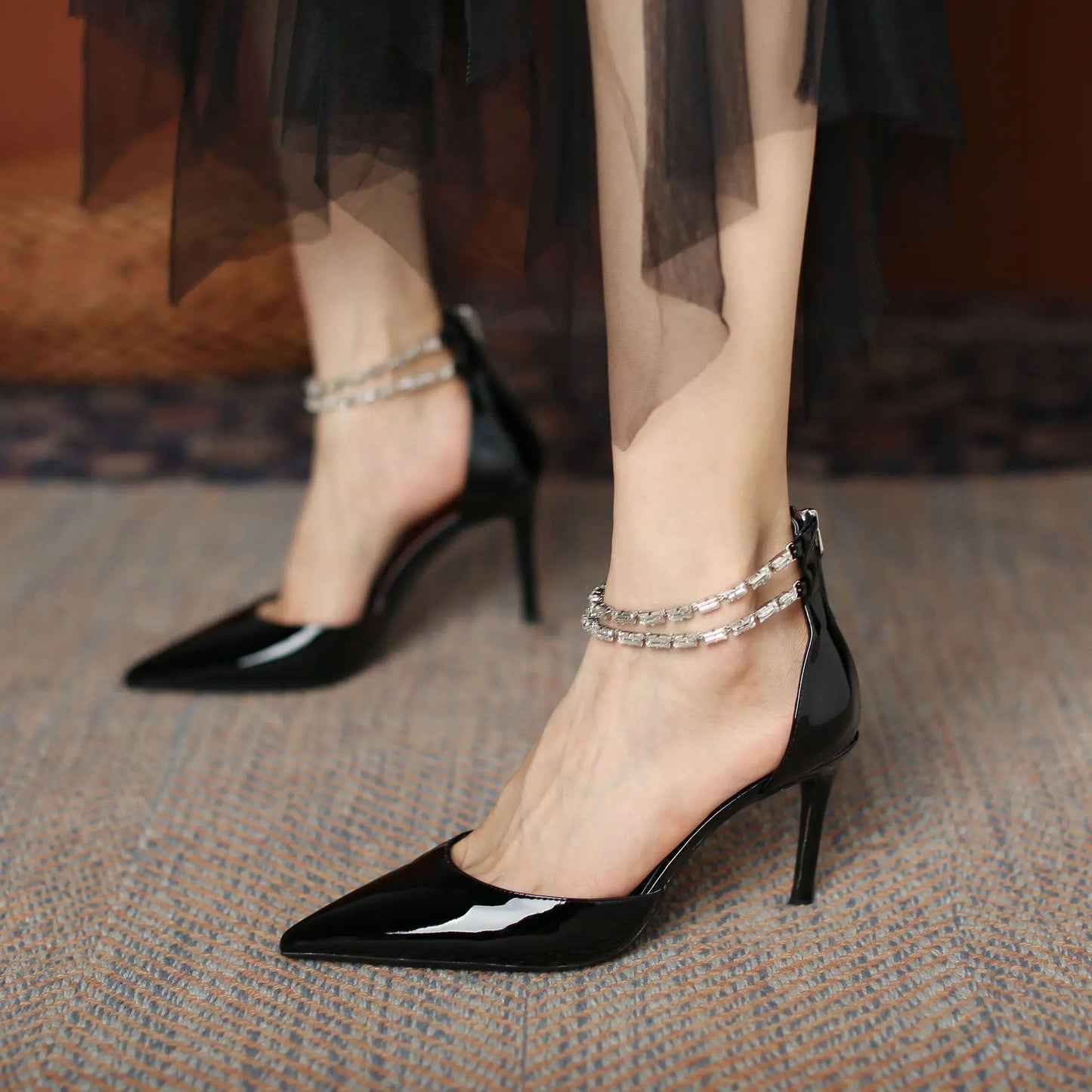 36 / Black New Spring Summer Female High Heel Pumps Women Rhinestone T-strap Pointed-toe Sandals Banquet Office Ladies Dress Shoes