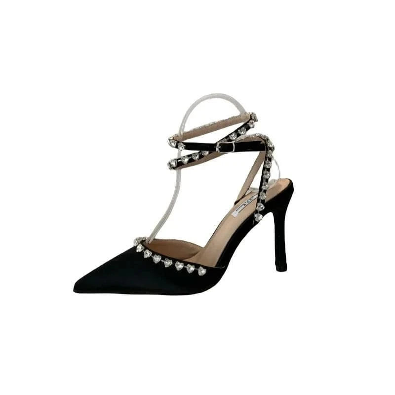 36 / Black Spring 2024 New rhinestone slim high heel pointed toe banquet shoes ready stock 35-40