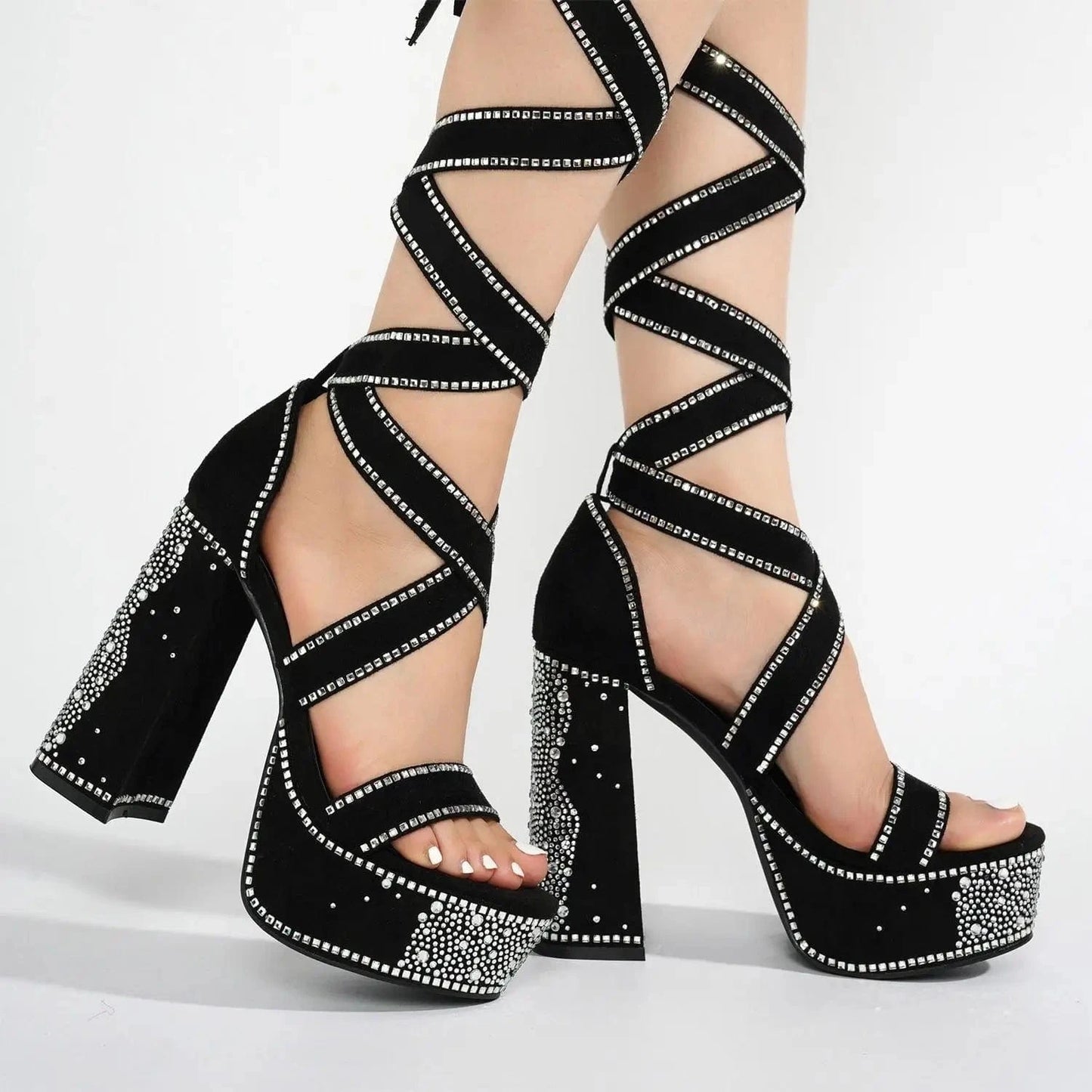 36 / Black Ubililia Chunky Heel Women Platform Sandals rhinestone lace up strappy diamond square block heels sandals for women and ladies