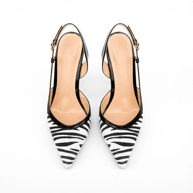 36 / Black & White Chaussures-femm Talons Latest Fashion Ladies Sexy Dress Sandal Shoes Zebra Stripe Pointed Toe Stiletto Slingback Pumps For Women