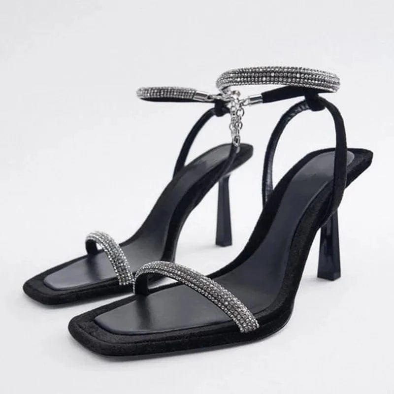 36 / Black Women Crystal Strap Ankle Strap High Heeled Sandals New Fashion T-strap Peep Toe Thin Heels Sexy Sandals Shoes For Dating Night